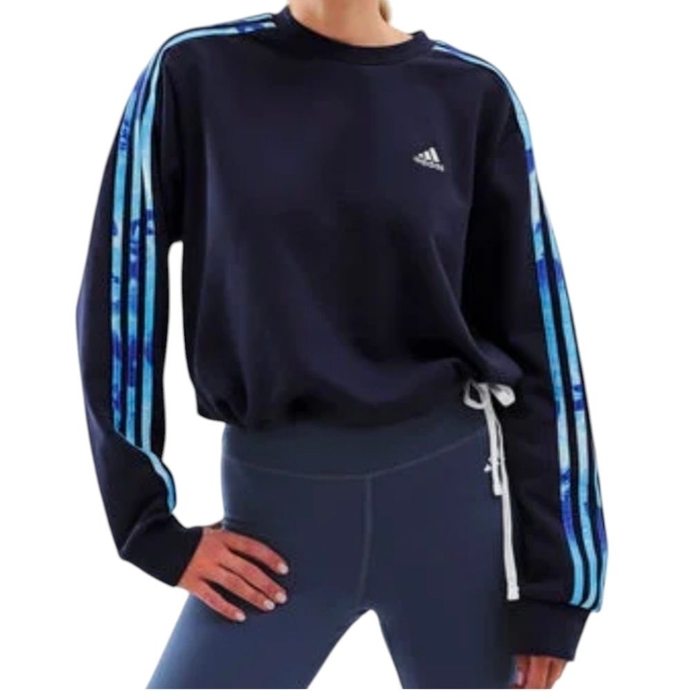 Adidas Women's 3-Striped Floral Print French Terry Sweatshirt Blue - Picture 2 of 9